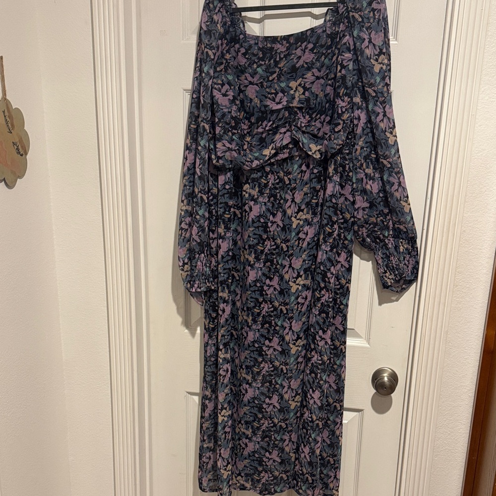 Chic Soul Long Sleeve Floral Maxi Dress - Navy with Lavender & Dusty Pink